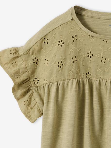 T-shirt fille manches détails brodés corail+écru+kaki - vertbaudet enfant 
