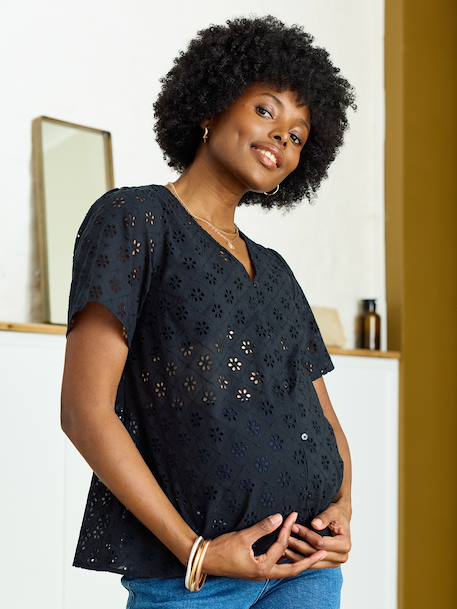 Chemisier grossesse et allaitement en broderie anglaise kaki+noir - vertbaudet enfant 