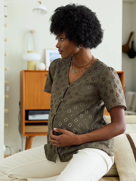 Chemisier grossesse et allaitement en broderie anglaise kaki+noir - vertbaudet enfant 
