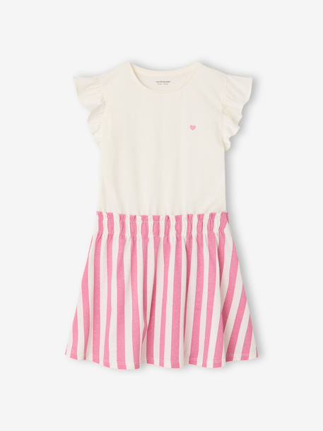 Meisjesjurk met 2-in-1 effect beige+ecru+indigoblauw+lichtroze+roze, gestreept - vertbaudet enfant 
