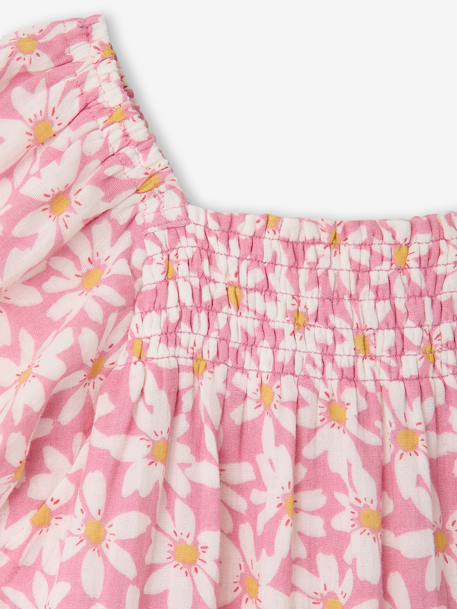 Robe fille à smocks imprimée fleurs rose poudré+vanille - vertbaudet enfant 