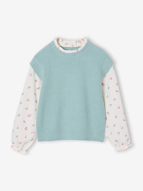 Pull 2 en 1 fille manches bleu grisé+rose - vertbaudet enfant 