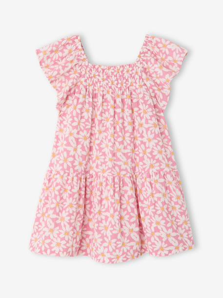 Robe fille à smocks imprimée fleurs rose poudré+vanille - vertbaudet enfant 
