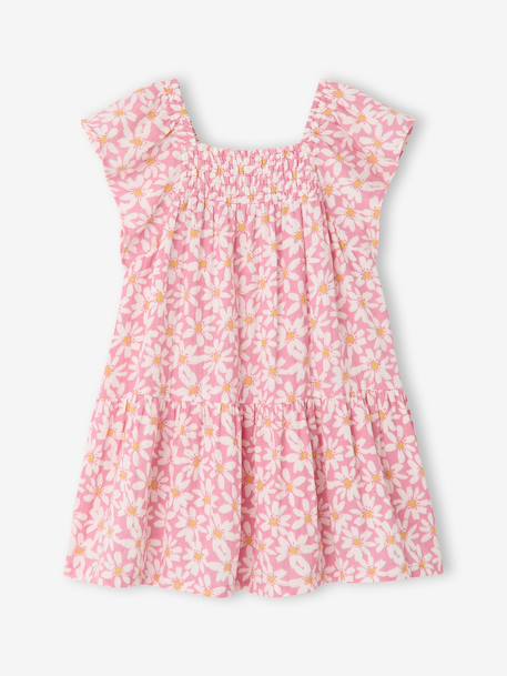 Robe fille à smocks imprimée fleurs rose poudré+vanille - vertbaudet enfant 