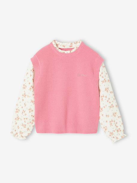 Pull 2 en 1 fille manches bleu grisé+rose - vertbaudet enfant 