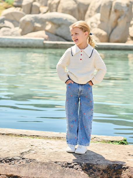 Jean large fille brodé bleu foncé+bleu jean+bleu moyen+denim bleached - vertbaudet enfant 