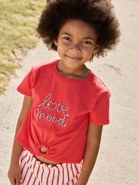 T-shirt voor meisjes met een sierlijke strikdetail blauw, gestreept+ecru+rood - vertbaudet enfant 