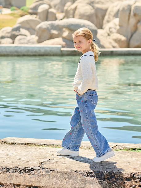 Jean large fille brodé bleu foncé+bleu jean+bleu moyen+denim bleached - vertbaudet enfant 