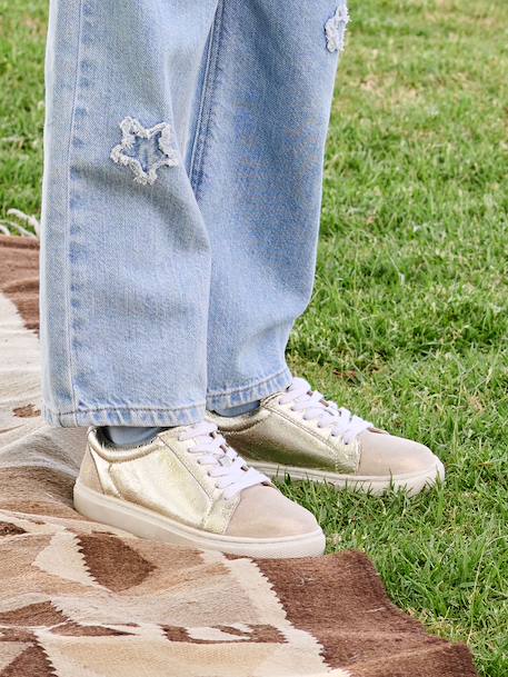 Leren kindersneakers met veters beige, bedrukt+goud - vertbaudet enfant 