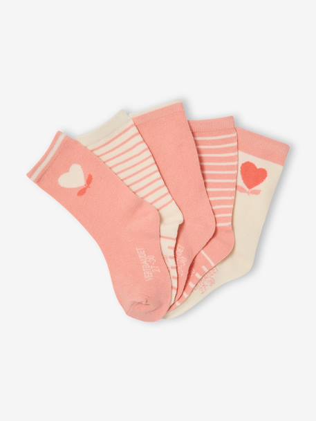 Lot 5 paires de chaussettes coeur fille abricot+beige+bleu chambray+mauve - vertbaudet enfant 