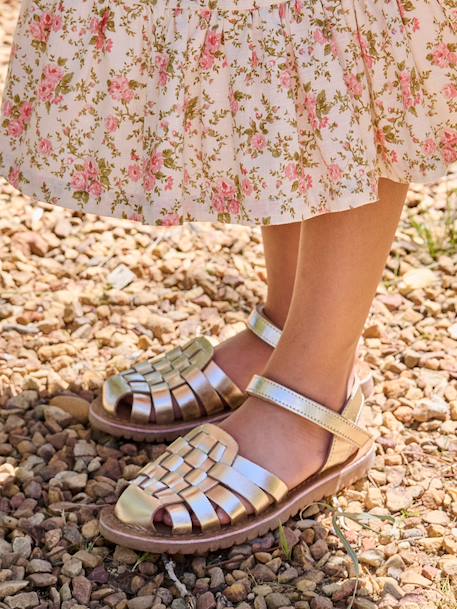 Sandales scratchées cuir enfant écru+or - vertbaudet enfant 