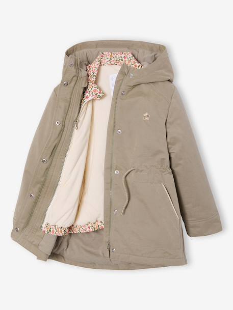 3-in-1 parka voor meisjes, parka en windjack met bloemenprint kaki - vertbaudet enfant 