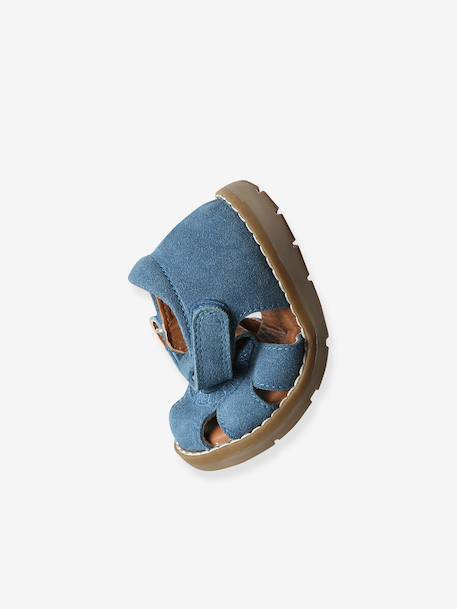 Sandales bébé fermées cuir à scratchs bleu jean+sable - vertbaudet enfant 