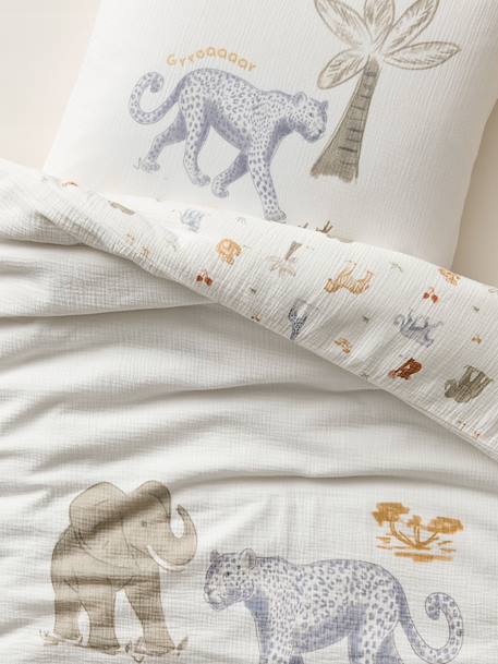 Parure housse de couette et taie d'oreiller MISSION SAFARI en gaze de coton, avec coton recyclé écru - vertbaudet enfant 