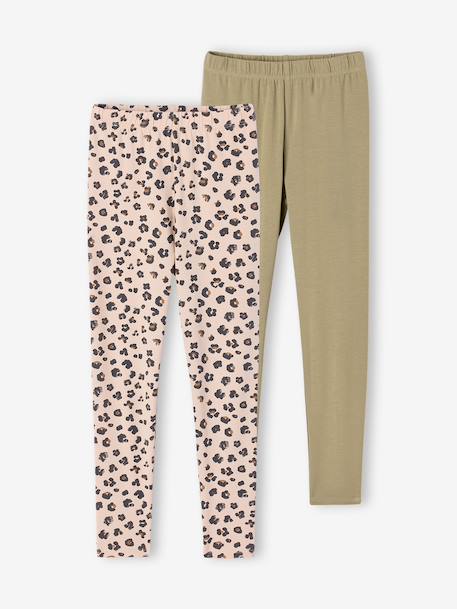 Set van 2 Basics meisjesleggings donkergrijs+kaki+rozenhout+saliegroen - vertbaudet enfant 