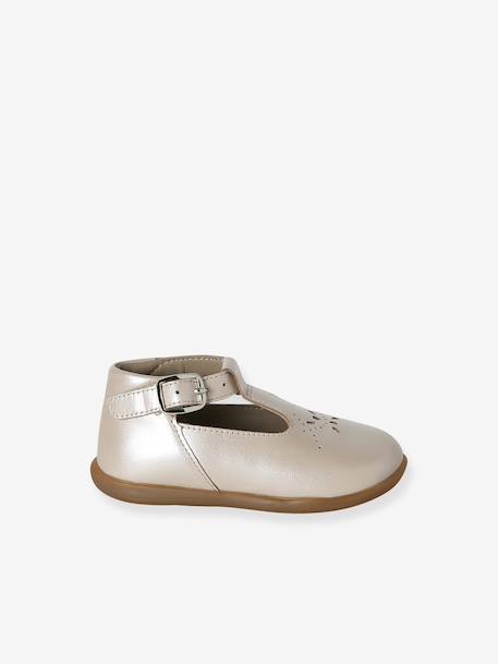 Salomés schoenen voor babymeisjes, leer, met gesp iriserend beige+wit - vertbaudet enfant 
