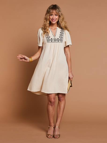 Jurk van katoengaas met geborduurde details zandbeige - vertbaudet enfant 
