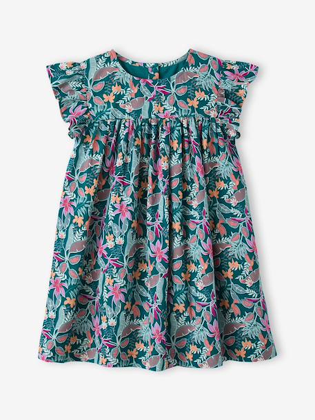 Robe fille imprimée fille manches à volants blanc imprimé+rose pâle+vert émeraude - vertbaudet enfant 