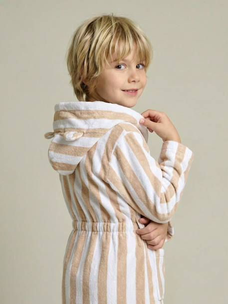 Peignoir enfant rayé Ours personnalisable, avec coton recyclé rayé beige - vertbaudet enfant 