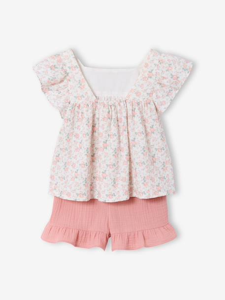 Ensemble short haut gaze de coton blush+vert sauge - vertbaudet enfant 