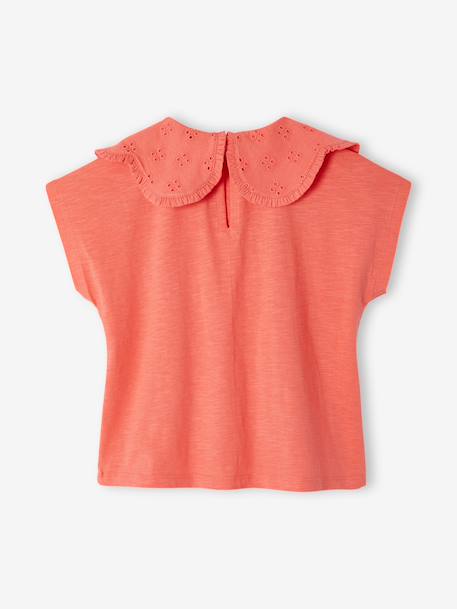 T-shirt fille col brodé fantaisie corail+écru - vertbaudet enfant 