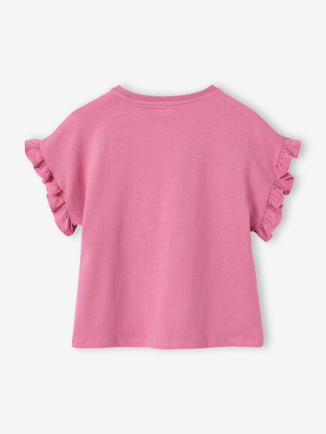 T-shirt voor meisjes met romantisch motief, korte mouwen met ruches ecru+marineblauw+rozen+saliegroen - vertbaudet enfant 