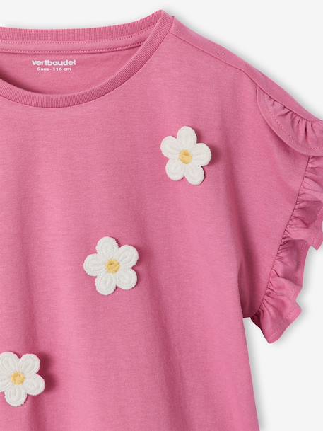 T-shirt voor meisjes met romantisch motief, korte mouwen met ruches ecru+marineblauw+rozen+saliegroen - vertbaudet enfant 