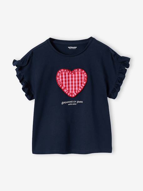 Tee-shirt fille motif romantique manches courtes à volant écru+marine+rose+vert sauge - vertbaudet enfant 