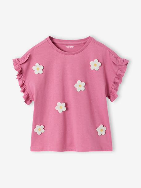 T-shirt voor meisjes met romantisch motief, korte mouwen met ruches ecru+marineblauw+rozen+saliegroen - vertbaudet enfant 