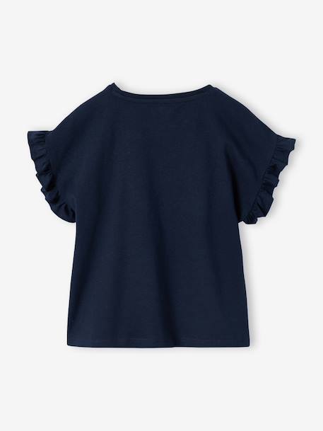 T-shirt voor meisjes met romantisch motief, korte mouwen met ruches ecru+marineblauw+rozen+saliegroen - vertbaudet enfant 