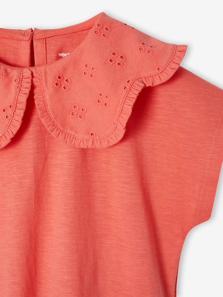T-shirt fille col brodé fantaisie corail+écru - vertbaudet enfant 