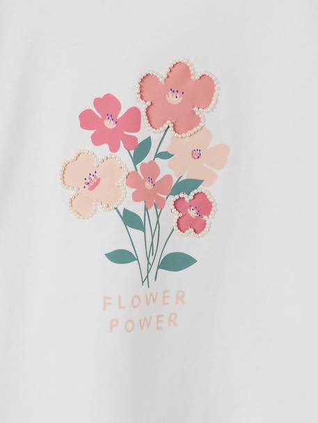 T-shirt voor meisjes met romantisch motief, korte mouwen met ruches ecru+marineblauw+rozen+saliegroen - vertbaudet enfant 