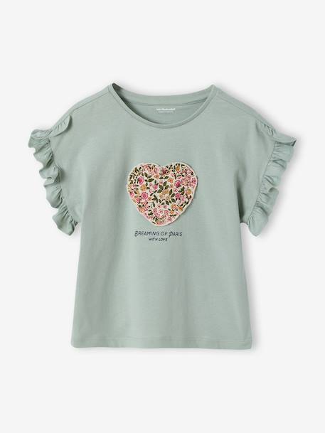 T-shirt voor meisjes met romantisch motief, korte mouwen met ruches ecru+marineblauw+rozen+saliegroen - vertbaudet enfant 