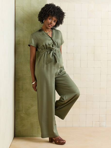 Ruime jumpsuit met korte mouwen voor zwangerschap en borstvoeding in lyocell olijf+stone - vertbaudet enfant 