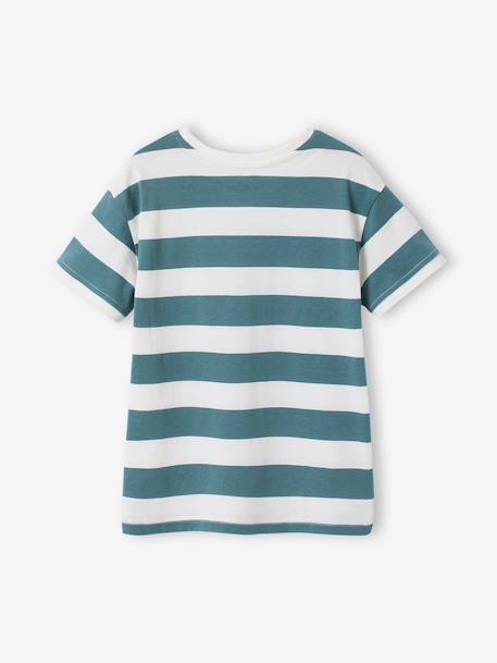 T-shirt jongen met brede strepen en borstmotief groen, gestreept+sinaasappel - vertbaudet enfant 