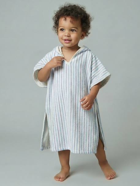 Poncho de bain bébé Animaux, avec coton recyclé blanc imprimé+rayé bleu - vertbaudet enfant 
