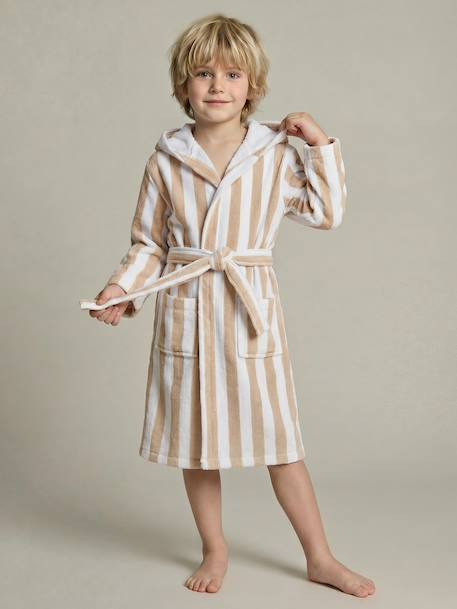 Peignoir enfant rayé Ours personnalisable, avec coton recyclé rayé beige - vertbaudet enfant 