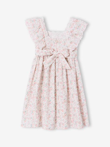 Robe de cérémonie en gaze de coton fille manches en broderie anglaise rose pâle+vert sauge - vertbaudet enfant 
