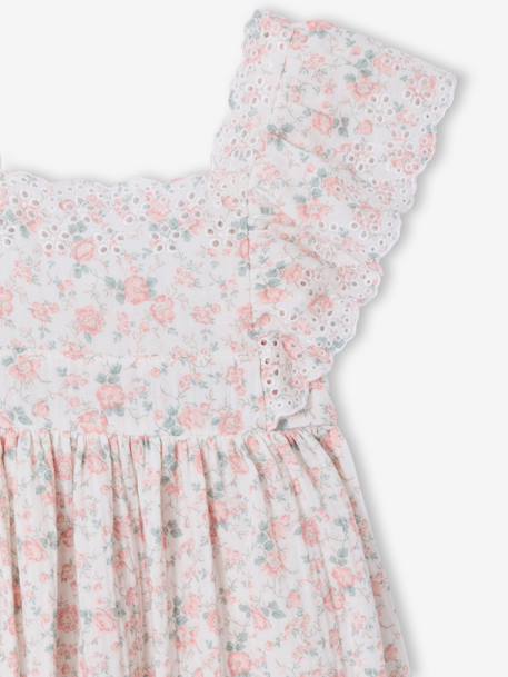 Robe de cérémonie en gaze de coton fille manches en broderie anglaise rose pâle+vert sauge - vertbaudet enfant 