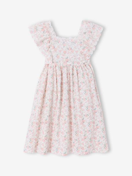 Robe de cérémonie en gaze de coton fille manches en broderie anglaise rose pâle+vert sauge - vertbaudet enfant 