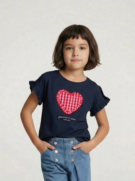 T-shirt voor meisjes met romantisch motief, korte mouwen met ruches ecru+marineblauw+rozen+saliegroen - vertbaudet enfant 