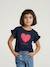 T-shirt voor meisjes met romantisch motief, korte mouwen met ruches ecru+marineblauw+rozen+saliegroen - vertbaudet enfant 