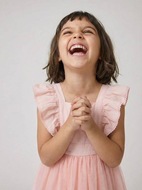 Robe cérémonie fille satin de coton à volants blanc+écru+rose pâle+vert sauge - vertbaudet enfant 
