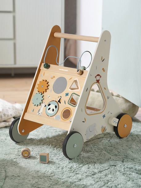 Chariot de marche avec freins en bois FSC®100% jaune+rouge - vertbaudet enfant 