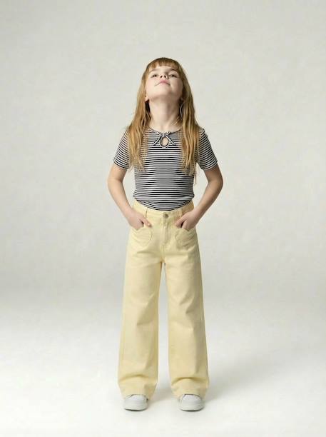 Wijde broek voor meisjes met hartvormige zakken lichtgeel+roze (poederkleur) - vertbaudet enfant 