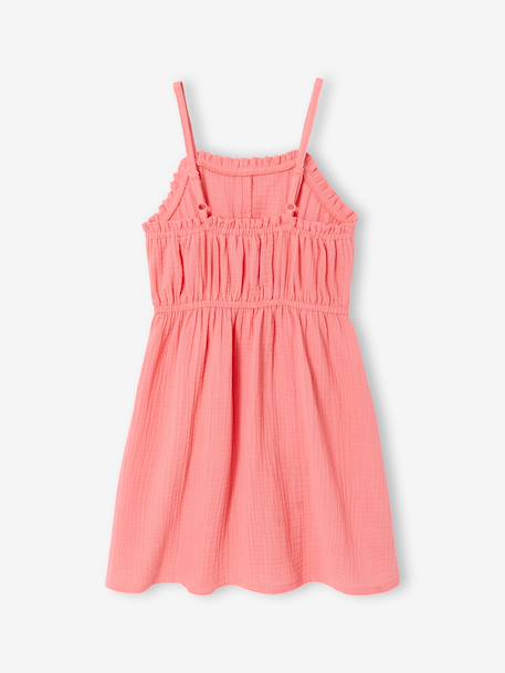 Robe à bretelles fille en gaze de coton beige+corail+vert émeraude - vertbaudet enfant 