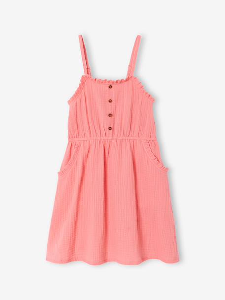 Robe à bretelles fille en gaze de coton beige+corail+vert émeraude - vertbaudet enfant 