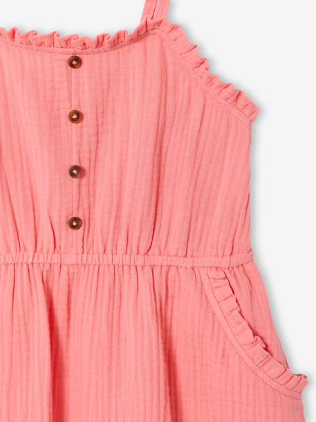 Robe à bretelles fille en gaze de coton beige+corail+vert émeraude - vertbaudet enfant 