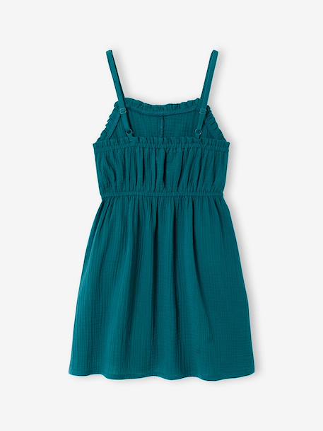 Robe à bretelles fille en gaze de coton beige+corail+vert émeraude - vertbaudet enfant 