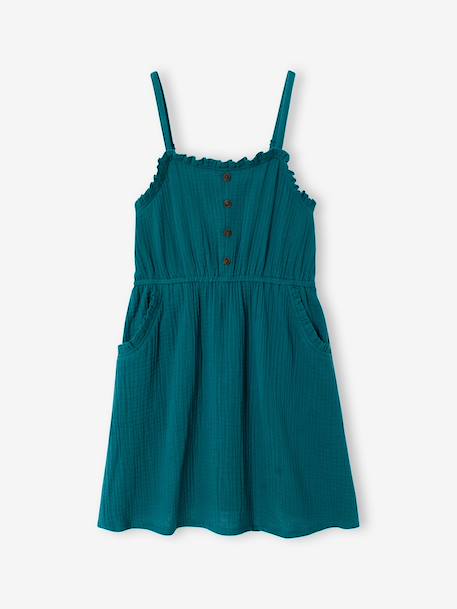 Robe à bretelles fille en gaze de coton beige+corail+vert émeraude - vertbaudet enfant 